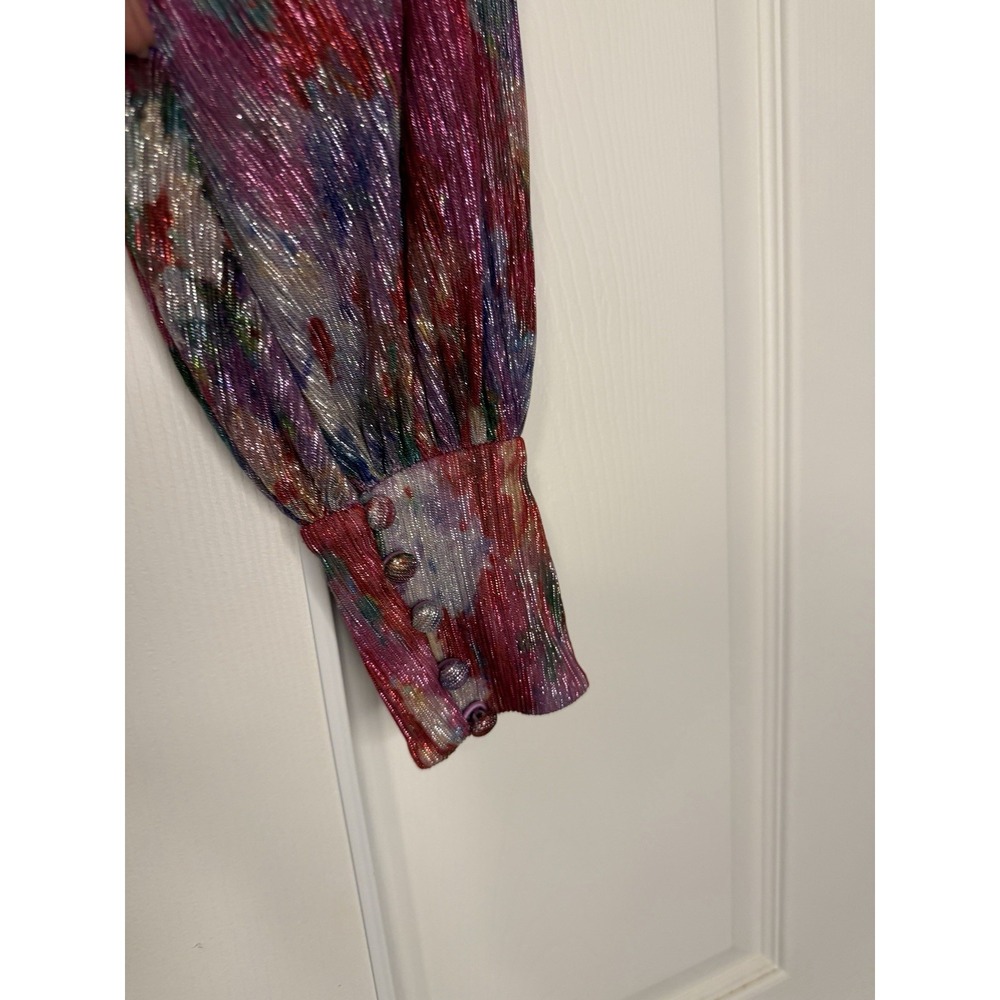 PatBO Lurex Keyhole Metallic Sheer Crop Top Bohemian Floral Balloon Sleeve Artsy - Picture 7 of 8